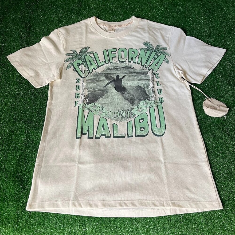 Recycled Threads Malibu California 1991 Surf Club Beige SS T-Shirt Size S NEW